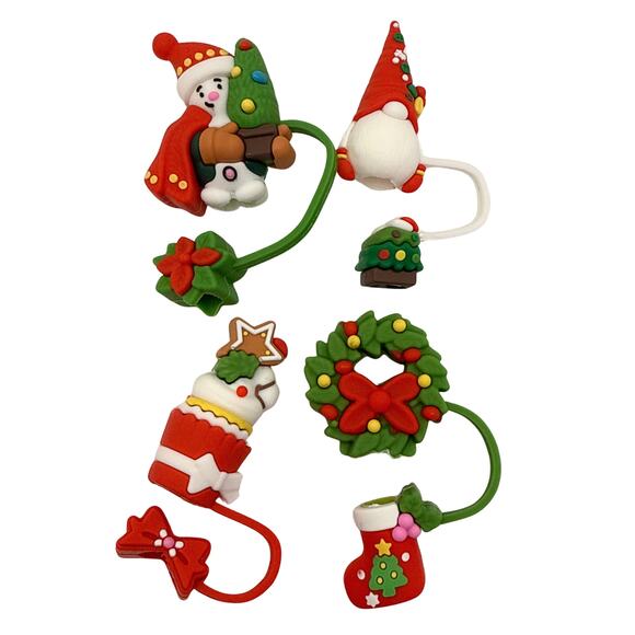 Gnome Christmas Wreath 3D Straw Topper Covers 4 Piece Bundle Holiday Snowman - Picture 1 of 4